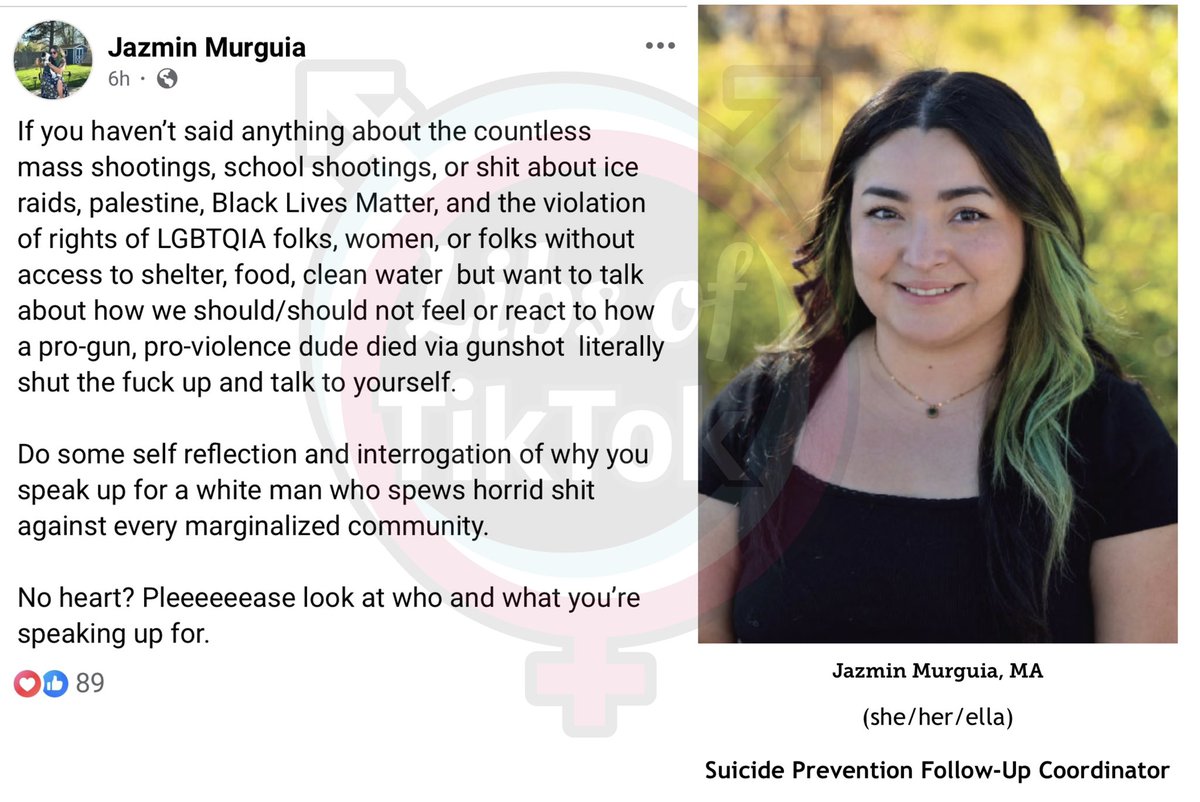 Libs of TikTok (@libsoftiktok) on Twitter photo Jazmin Marguia is a suicide prevention coordinator for the Colorado Dept of Health. Here she is justifying the kiIIing of Charlie Kirk.
Your tax dollars pay her salary.
Any comment <a href="/CDPHE/">Colorado Department of Public Health & Environment</a> <a href="/jaredpolis/">Jared Polis</a>? Jazmin Marguia is a suicide prevention coordinator for the Colorado Dept of Health. Here she is justifying the kiIIing of Charlie Kirk.
Your tax dollars pay her salary.
Any comment <a href="/CDPHE/">Colorado Department of Public Health & Environment</a> <a href="/jaredpolis/">Jared Polis</a>?