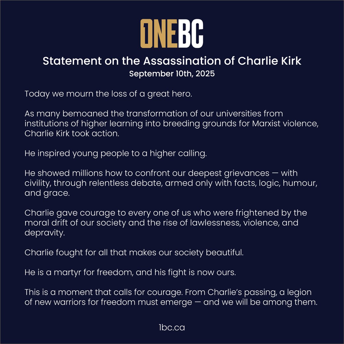 OneBC Statement on the Assassination of Charlie Kirk