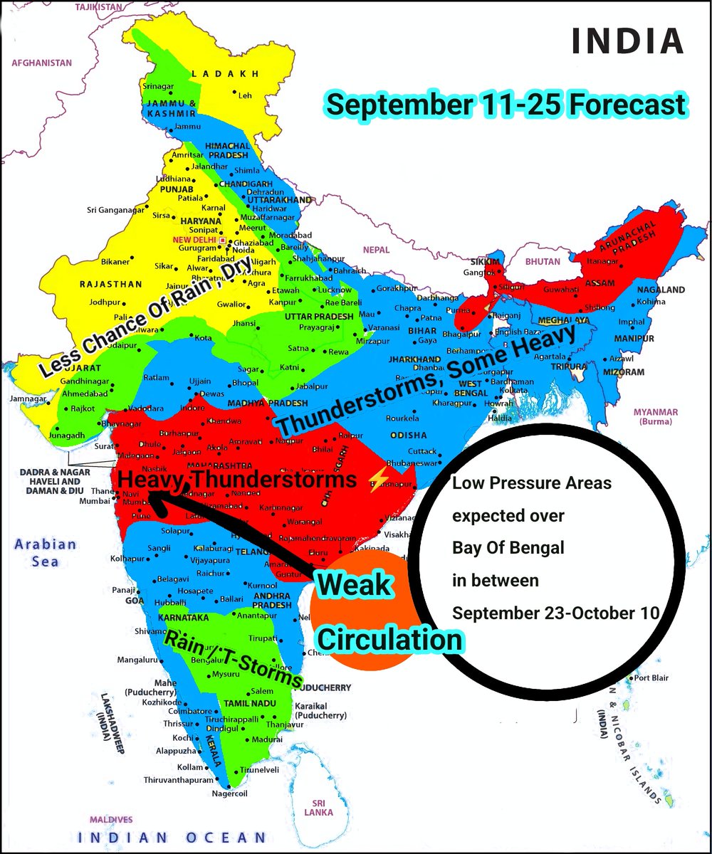Check ✅ 

Please Read Everything! 

September 11-25 Forecast 

👀 Watch Out Heavy Thunderstorms, Some Areas Will get above 150mm+ leads to localised Flooding Over Telangana, Maharashtra, Karnataka, Tamilnadu, Andhra Pradesh, Parts Of Madhya Pradesh, Odisha , Chattisgarh,