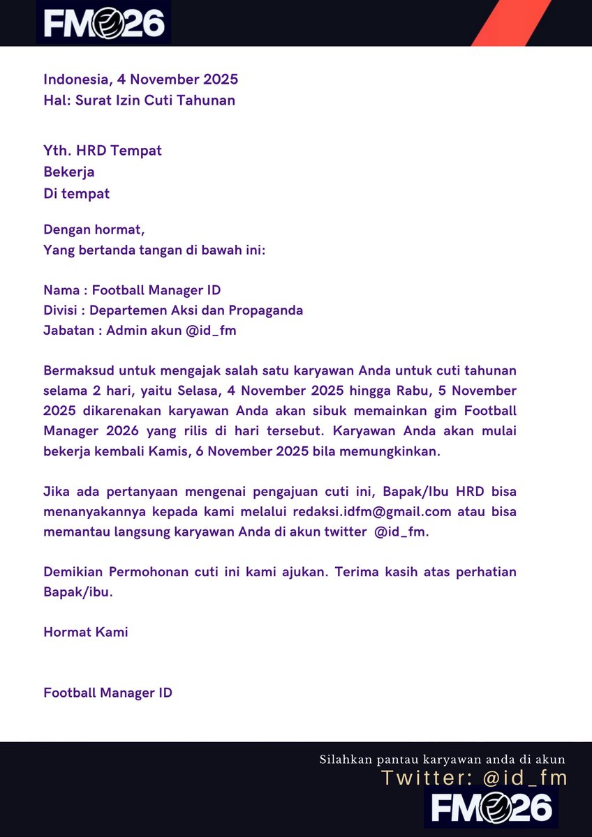 Silahkan yang mau surat cuti tahunan untuk di share di grup wa atau wa japri atasan #fm26