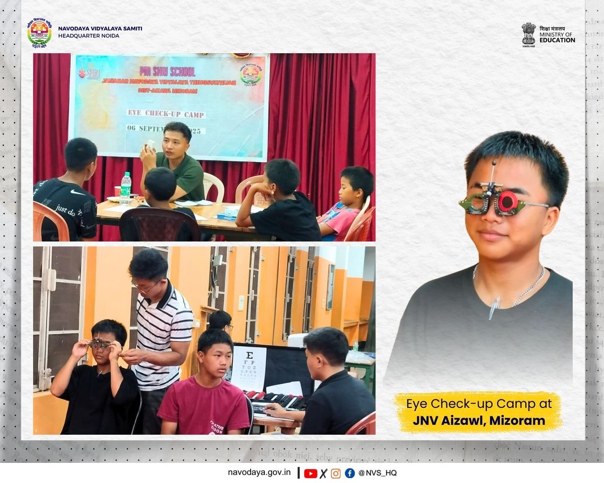 An Eye Check-up Camp was organised at JNV Aizawl, Mizoram, ensuring better vision &amp; awareness on eye health among students. Clear vision leads to bright learning &amp; brighter futures!

NVS committed to health of students.

#JNVActivity #NVS #JNV #EyeCare #Wellness