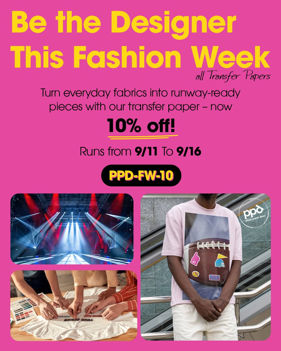 PhotoPaper's tweet photo. Be the Designer This Fashion Week. Turn everyday fabrics into runway-ready pieces with our transfer paper – now 10% off! 🎉 

https://t.co/ocB0Z8fCAV

#fashionweek #londonfashionweek #londonfashionweekend #newyorkfashionweek #nyfw @londonfashionweek https://t.co/4LzdVTqmQ6