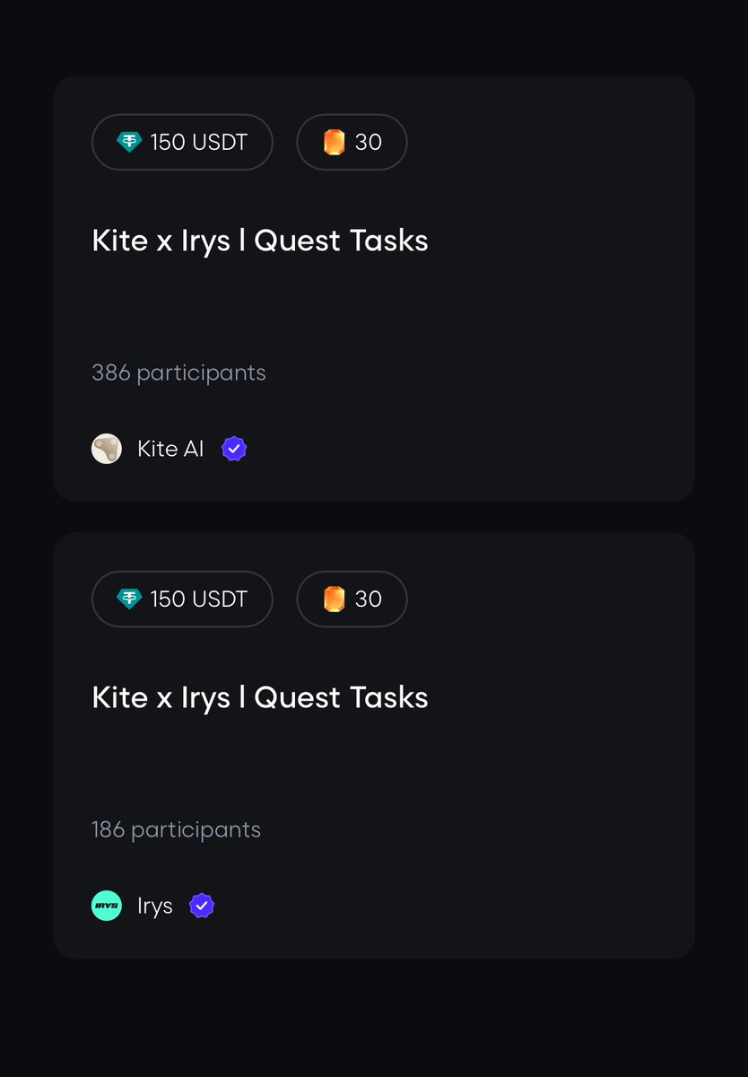 [<a href="/irys_xyz/">Irys (✧ᴗ✧)</a> X <a href="/GoKiteAI/">KITE AI</a> Galxe퀘 뜸!]

한국시간 오늘 새벽 남바완 데이터체인 Irys와 Paypal과 한솥밥 먹는 KiteAI의 합작 갤즈퀘스트가 나왔습니다.

날씨가 좋아 자다가 이제 봤는데요...

1분컷이니 해두시죠!

야핑거리+디코 롤작업 동시에 할 수 있고 총300USDT(개당 150USDT) 응모기회까지..!