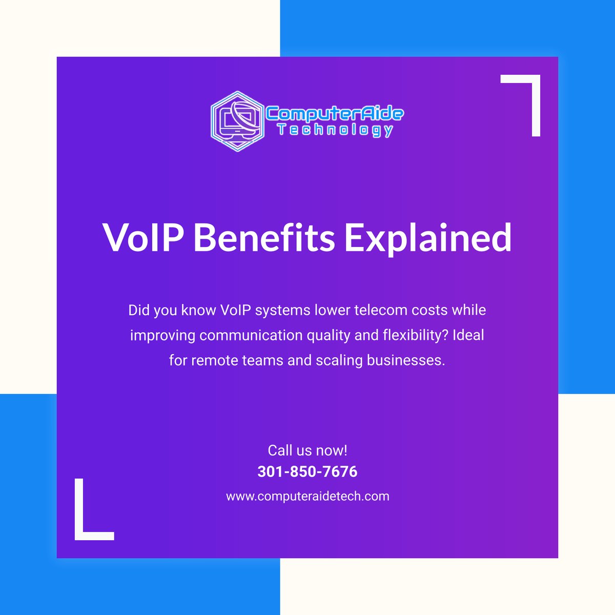 ComputerAideT's tweet image. VoIP tech can boost your team’s communication and cut costs. It’s smart, reliable, and scalable. Discover its value for your business. 

#LanhamMD #ITServices #VoIPTech