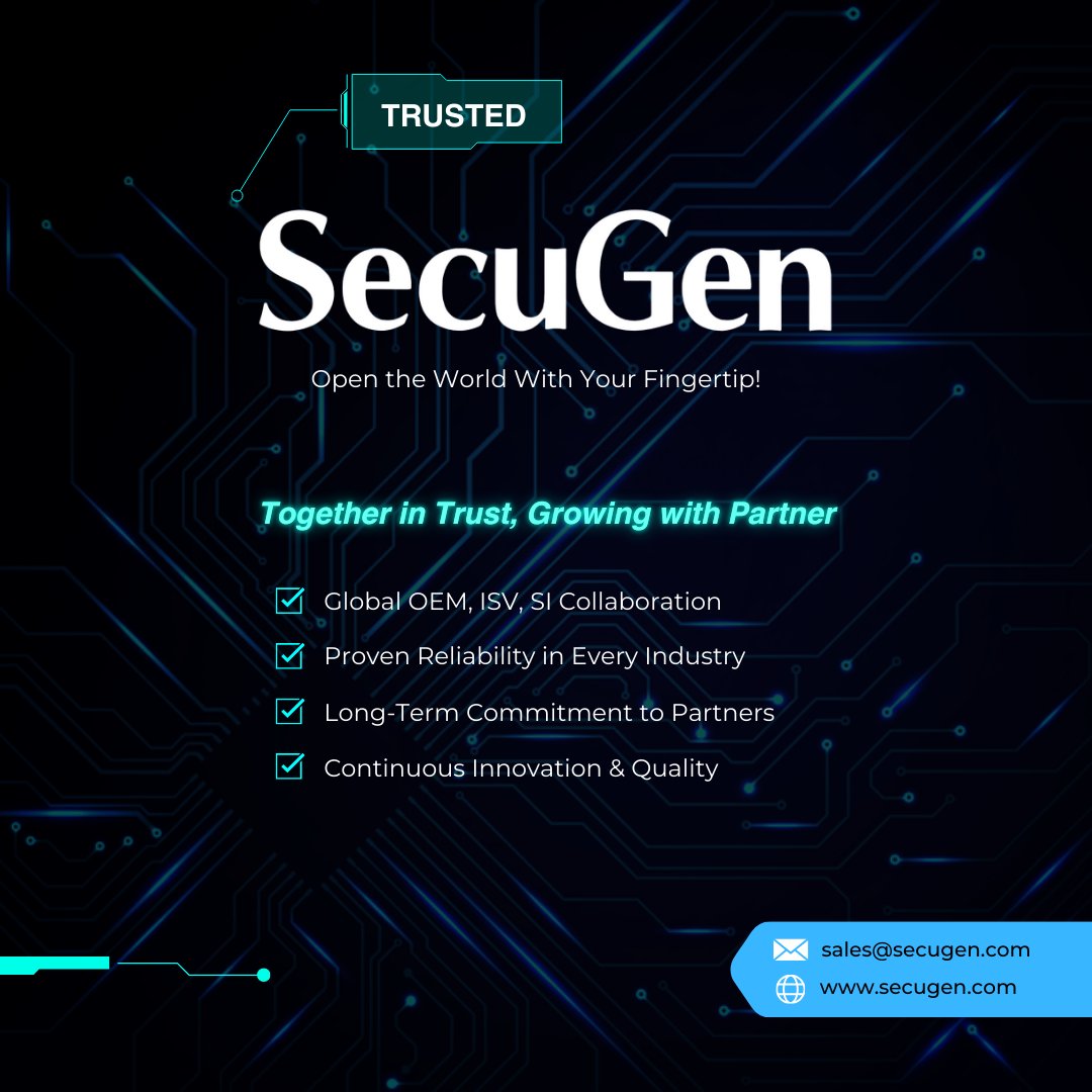 SecuGenCorp's tweet image. For 25+ years, #SecuGen has grown with OEM, ISV &amp;amp; SI partners worldwide—built on trust, quality, and innovation. Together, we continue to shape a secure and trusted future.

#Biometrics #FingerprintRecognition #TechnologyPartners #SystemIntegrators #OEMPartners #DigitalSecurity…