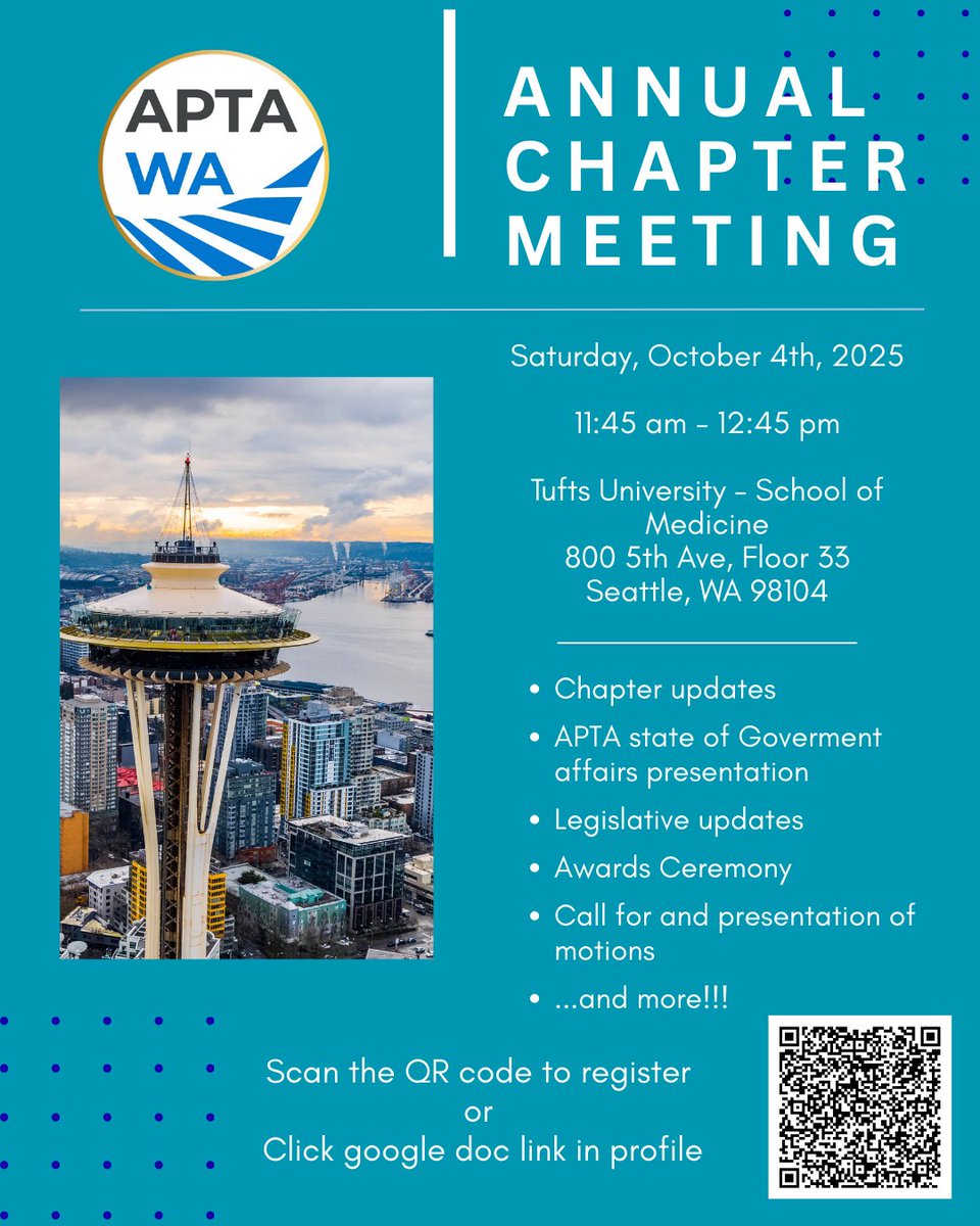 Please come join us for the 2025 APTA Washington Annual Chapter Meeting. You do NOT have to attend conference to join us! It is free to attend.