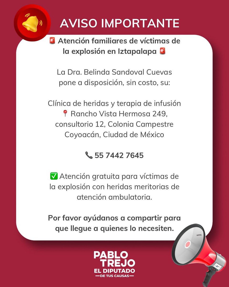 🚨 Atención víctimas de la explosión en Iztapalapa 🚨
La Dra. Belinda Sandoval Cuevas ofrece atención gratuita en su Clínica de heridas y terapia de infusión.
🔴Heridas meritorias de atención ambulatoria.
🙏 Gracias a la doctora por su apoyo.