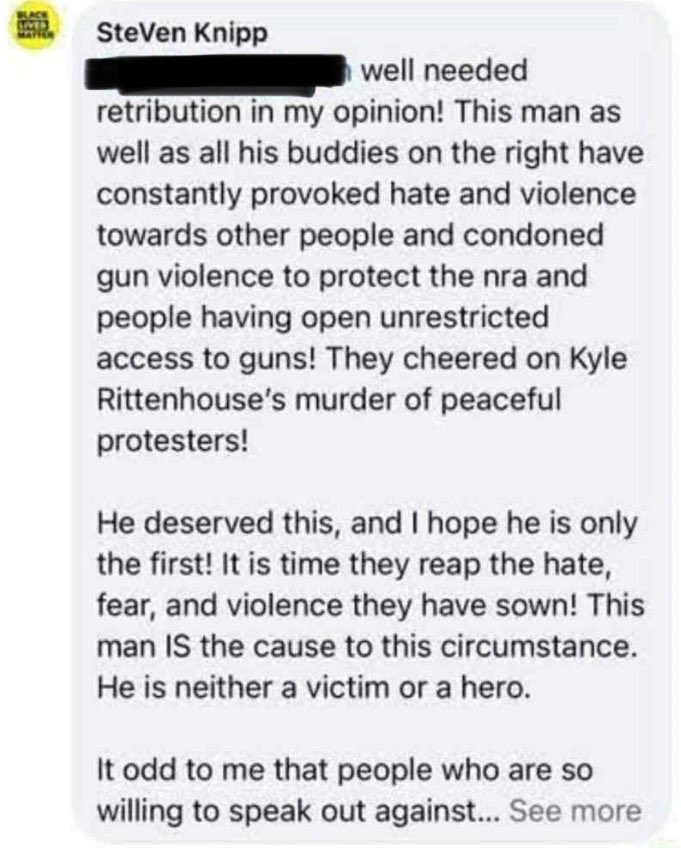 Libs of TikTok (@libsoftiktok) on Twitter photo Steven Knipp is the Vice President of the āHuman Rights Commissionā for the city of Muncie, Indiana.
He reportedly posted this celebrating Charlieās death and hopes for more ass*ssinations.
HE NEEDS TO RESIGN <a href="/CityofMuncie/">City of Muncie</a> Steven Knipp is the Vice President of the āHuman Rights Commissionā for the city of Muncie, Indiana.
He reportedly posted this celebrating Charlieās death and hopes for more ass*ssinations.
HE NEEDS TO RESIGN <a href="/CityofMuncie/">City of Muncie</a>