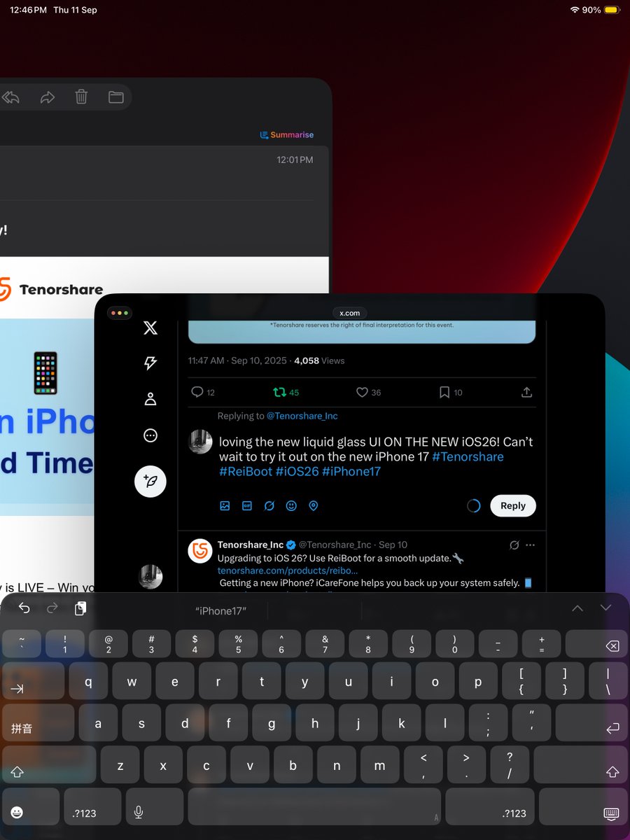 bastjan's tweet photo. @Tenorshare_Inc loving the new liquid glass UI ON THE NEW iOS26! Can’t wait to try it out on the new iPhone 17 #Tenorshare #ReiBoot #iOS26 #iPhone17 https://t.co/Lg85Zsult7