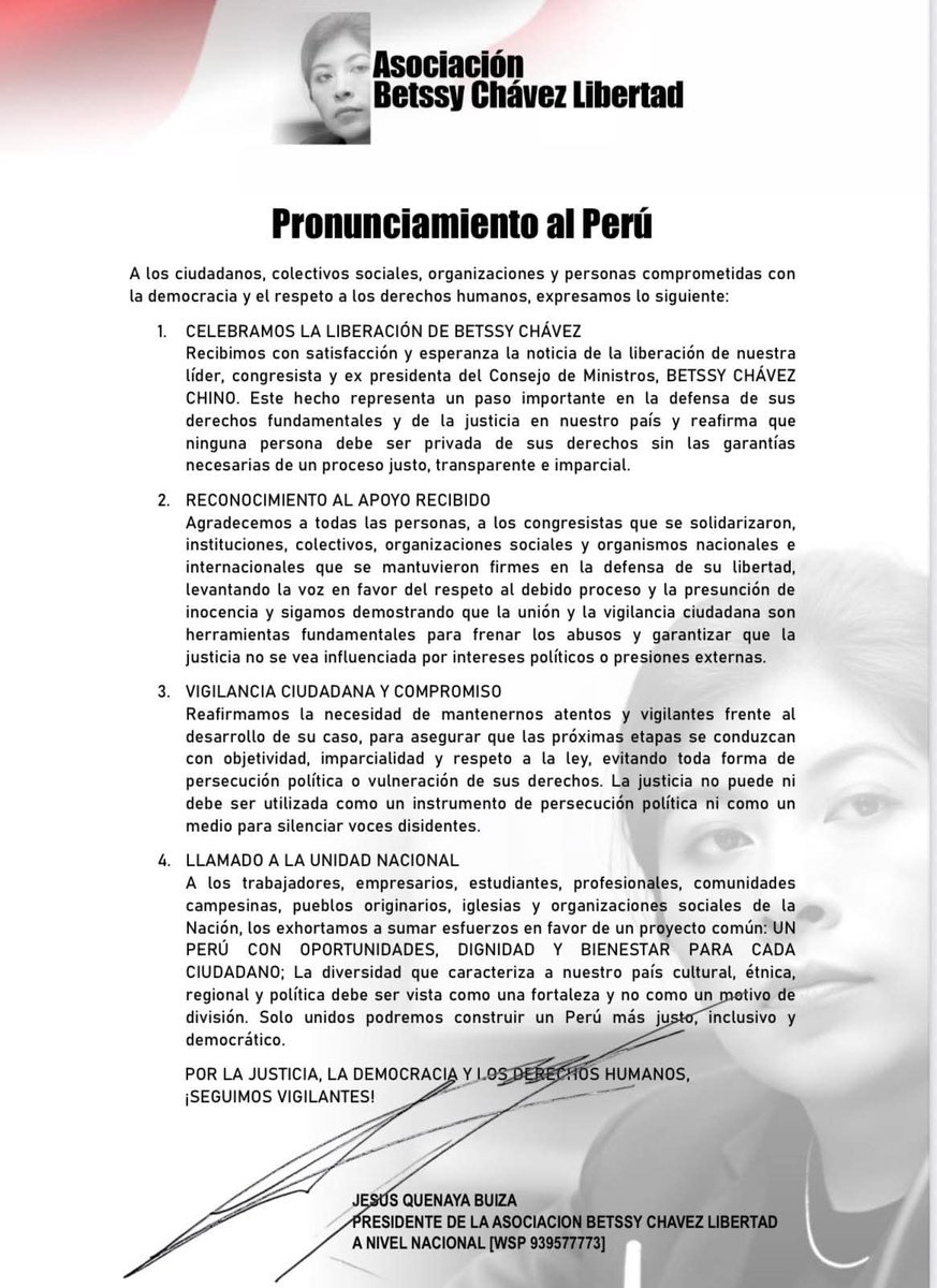Este camino continúa, y necesitamos seguir vigilantes y comprometidos con la defensa de los derechos, la justicia y la democracia.

Reciban un saludo fraterno, todo mi agradecimiento y que Dios los bendiga siempre. 🙏🇵🇪