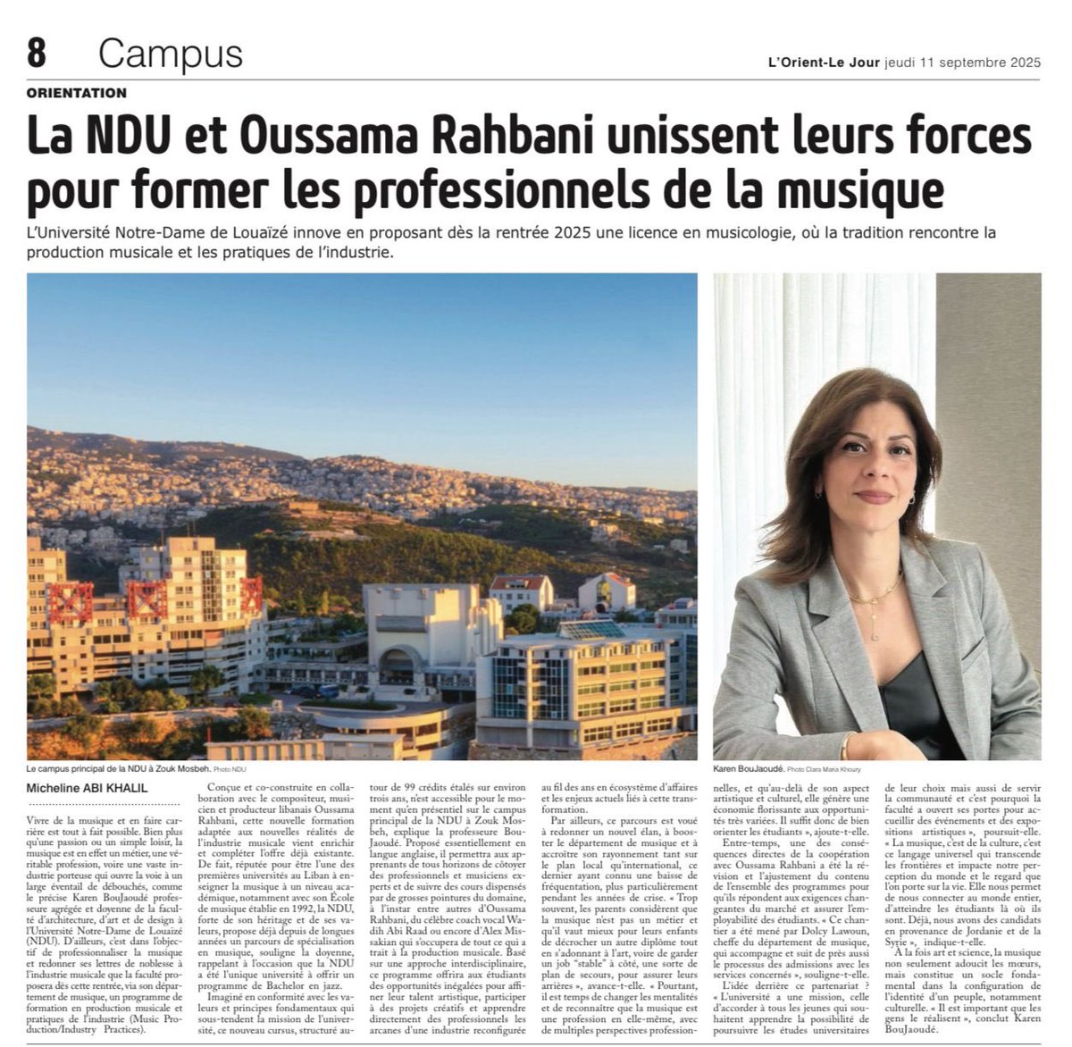 La <a href="/NDU_Louaize/">Notre Dame University-Louaize</a> et <a href="/OussamaRahbani/">Oussama Rahbani</a> unissent leurs forces pour former les professionnels de la musique