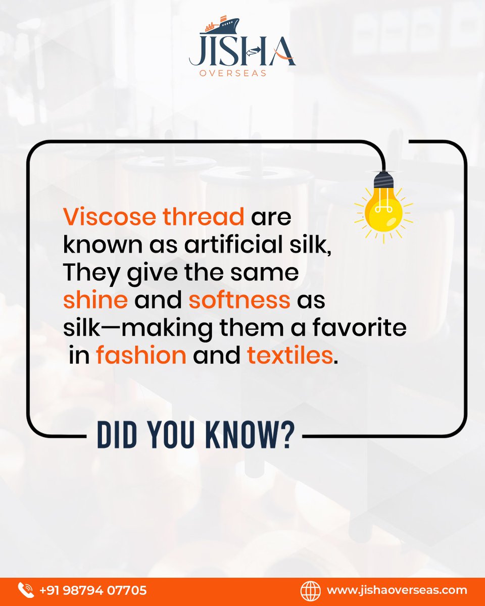 jishaoverseas's tweet image. Did you know? 🤔
Viscose thread = artificial silk 🌸
It offers the same shine &amp;amp; softness as silk, making it a favorite in fashion &amp;amp; textiles. 💫

#JishaOverseas #ViscoseThread #DidYouKnow