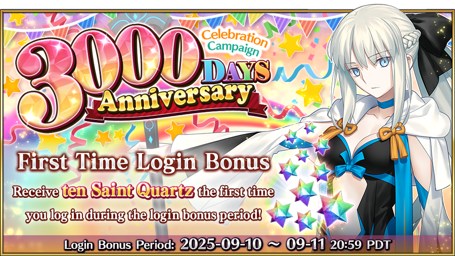 FateGO_USA's tweet photo. To celebrate the 3000 Days Anniversary of Fate/Grand Order, all Masters will receive ten Saint Quartz the first time you log in by 9/11 20:59 PDT!

More info ➡️ https://t.co/H0uJboK8aM
#FateGOUSA https://t.co/qtw6ABjruY