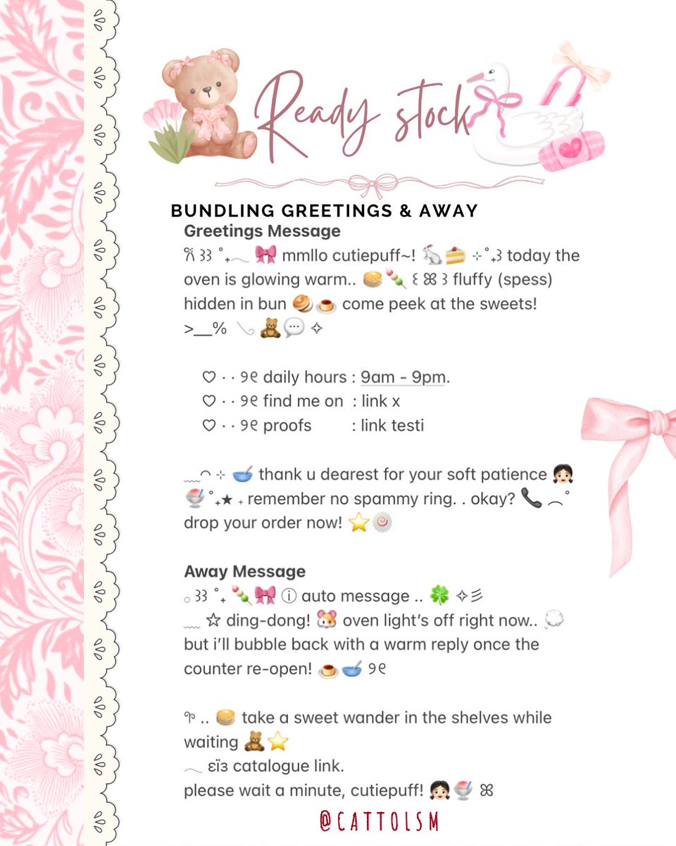 help repost? terimakacii! 👧🏻💭🎀

attenshon—! 🐈‍⬛🍧🍡🍥
haloo! aku datang membawa 3 bundling wording greetings &amp; away ready stock / rs ! ⊹ only 10k each yaa! 👀⭐️

kindly check alt for more details ★
tag me after dm ꒰ᐢ｡•༝•｡ᐢ꒱ 💗
#zonauang #zonajajan #zonaba