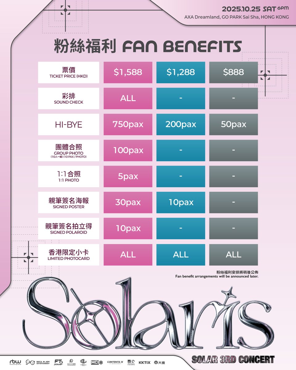 Soul_N_Joy's tweet image. 👑Solar 3rd CONCERT [Solaris] in HONG KONG👑

🎙️Date: 25th October 2025（Sat）
🎙️Time: 6PM
🎙️Venue:  AXA Dreamland
🎙️Price: HKD $1,588 / $1288 / $888
🎙️Ticketing Date: 11AM, 19th Sept 2025 （Fri）
🎙️Ticketing Platform: KKTIX, Damai

#MAMAMOO #Solar
#Solar_3rd_Concert #Solaris
