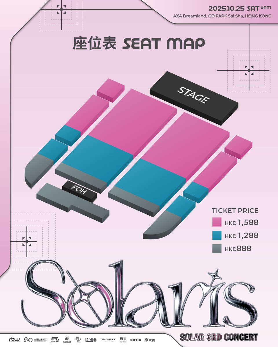 Soul_N_Joy's tweet image. 👑Solar 3rd CONCERT [Solaris] in HONG KONG👑

🎙️Date: 25th October 2025（Sat）
🎙️Time: 6PM
🎙️Venue:  AXA Dreamland
🎙️Price: HKD $1,588 / $1288 / $888
🎙️Ticketing Date: 11AM, 19th Sept 2025 （Fri）
🎙️Ticketing Platform: KKTIX, Damai

#MAMAMOO #Solar
#Solar_3rd_Concert #Solaris