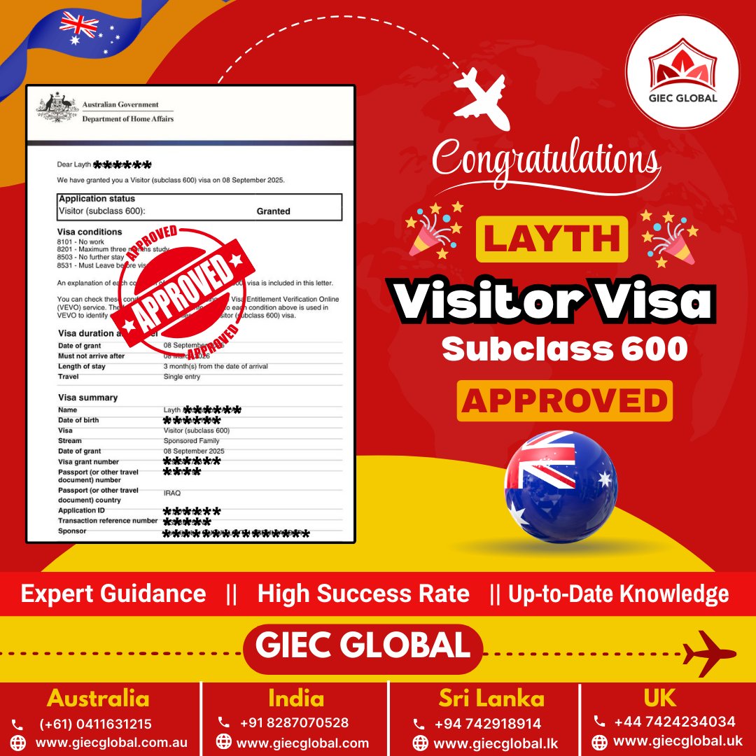 lkGiecglobal's tweet image. 🎉 Big cheers to Layth for getting the Australia Visitor Visa Subclass 600 Approved! ✅✈️
With GIEC Global, every journey starts with trust, expert guidance, and a high success rate. 🌏✨
📞 +94 912239600 
📧 info@giecglobal.lk
🌐 giecglobal.lk/services/visit…
#VisitorVisa #Subclass600