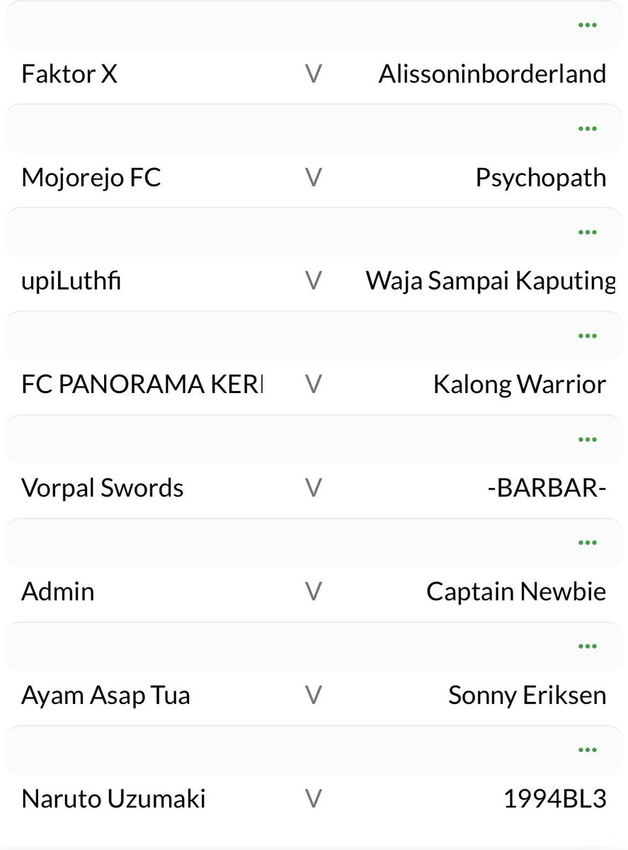 FantasyGameID's tweet image. Jadwal 1 #DUEL #FPLSHOWSCORESURVIVE #SSS #GW4

@Ivan_Wawa vs @mbah_FPL 
@Fuadd7 vs @Superfiiish 
@upiLuthfi vs @MainFPL 
@panoramakerinci vs @KalongWarriors 
@okkymaulana vs @zadzedlians 
ADMIN vs @Newbie_FPL 
@kloningera vs @SpursyFantasy 
@marufisnandar vs @kangcis_FPL
