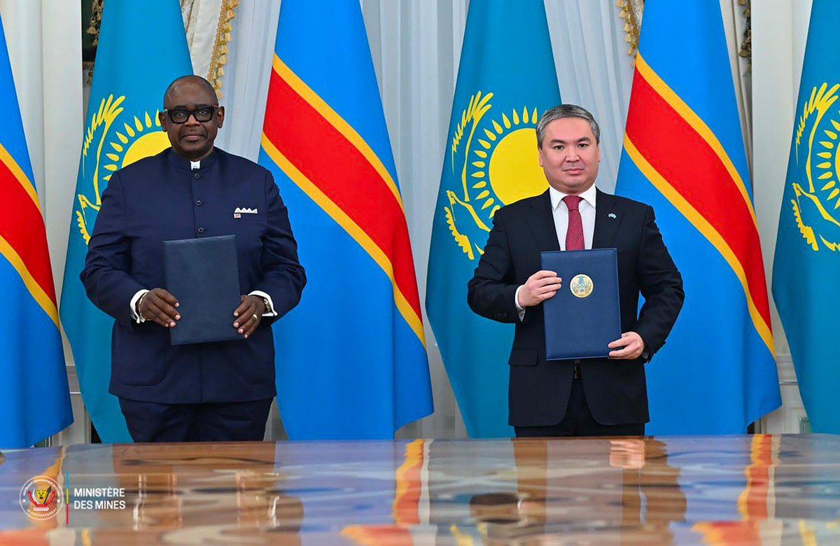 LouisWKabamba's tweet photo. Dans le cadre de la visite d’État effectuée en République du Kazakhstan par Son Excellence Félix Antoine TSHISEKEDI TSHILOMBO, Président de la République, j’ai eu l’honneur de l’accompagner et de prendre part aux différentes activités inscrites à l’agenda.

Cette mission a notamment été marquée par la signature d’un Mémorandum de coopération entre la République Démocratique du Congo et la République du Kazakhstan, dans les domaines des mines et de la géologie, sous le leadership de Son Excellence Félix Antoine TSHISEKEDI TSHILOMBO, Chef de l’État.

En marge de ces activités bilatérales, j’ai également eu une séance de travail avec Son Excellence Yersayin NEGASPAEV, Ministre de l’Industrie et de la Construction de la République du Kazakhstan, afin d’explorer des pistes de collaboration dans les secteurs stratégiques de l’industrialisation et de la transformation.

La participation du Ministère des Mines à cette démarche traduit la volonté du Gouvernement de diversifier ses partenariats, de renforcer les relations bilatérales et de promouvoir des initiatives stratégiques au service du développement national.

@Presidence_RDC
@PrimatureRDC  #RDC #Kazakhstan #Coopération #Mines #Géologie #Développement #Partenariat #DiplomatieÉconomique
