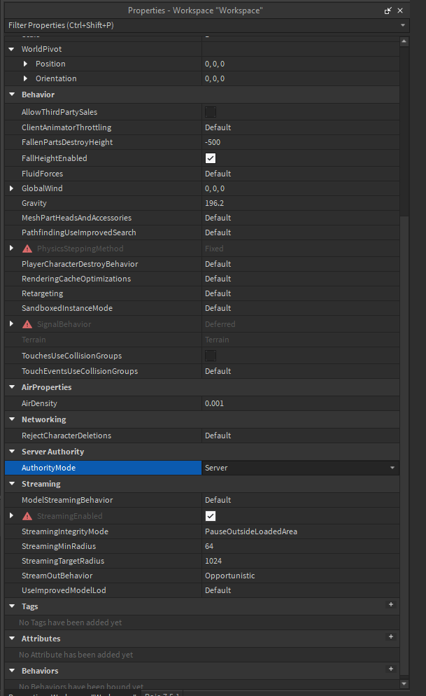 A few interesting notes about Roblox's server authority:

- StreamingEnabled is forced on.
- SignalBehavior is forced to be Deferred.
- PhysicsSteppingMethod is forced to be Fixed.