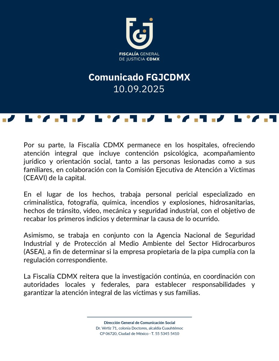 #ComunicadoFGJCDMX | La #FiscalíaCDMX en coordinación con el <a href="/GobCDMX/">Gobierno de la Ciudad de México</a>, inició una investigación por la explosión de una pipa de gas ocurrida este 10 de septiembre debajo del Puente de la Concordia, en Iztapalapa.

La #FiscalíaCDMX está presente en los hospitales brindando