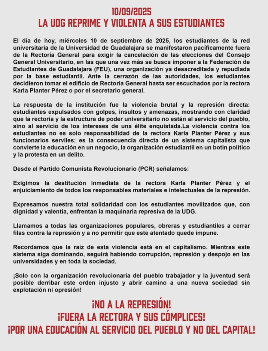 marxismomx's tweet photo. ¡URGENTE!
Hacemos un llamado a toda la comunidad jalisciense y a toda la comunidad universitaria del país a ver lo que ocurre en la UDG (Universidad de Guadalajara).
Cuando el estudiantado exige dignidad, solo se encuentra con represión y violencia. 
Comunicado y pruebas 👇 https://t.co/TwcfMIp9aL