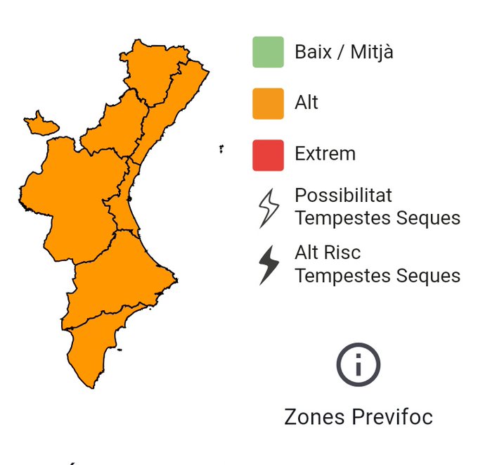 🔥El nivell de preemergència per risc d'incendis forestals hui 11/09 és:

🟠Alt a tota la Comunitat Valenciana. 

#StopAlFoc