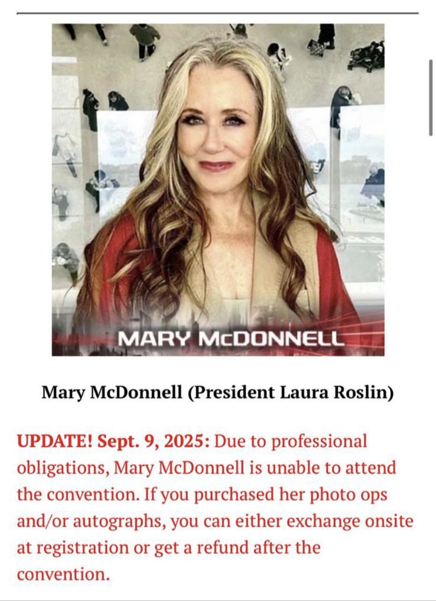 StandsSWAF's tweet photo. ICYMI - Mary McDonnell is unable to attend the #BSG Convention in New Jersey.
#MaryMcDonnell https://t.co/t6RRrgVhNg