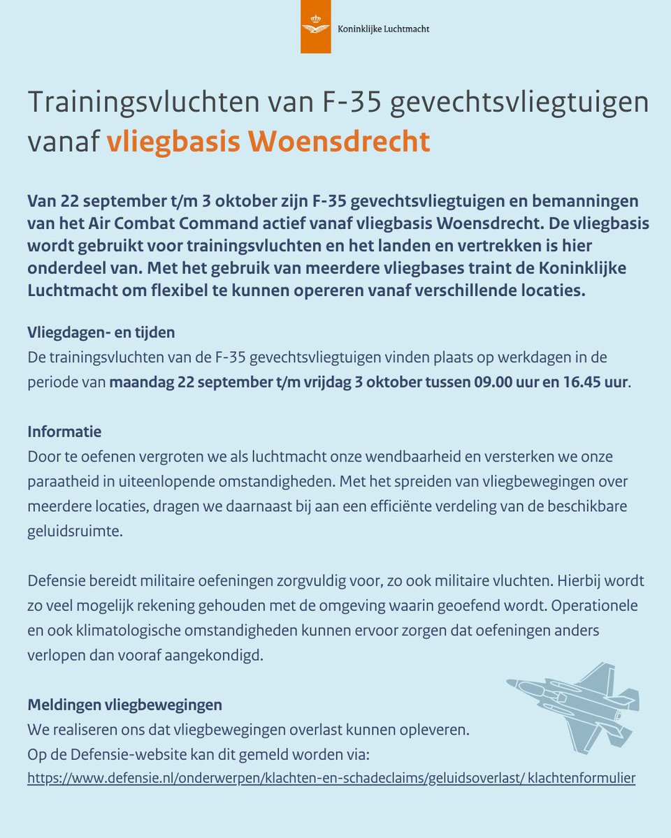 Van 22 september t/m 3 oktober vinden er trainingsvluchten van F-35’s plaats vanaf vliegbasis Woensdrecht. ✈️ Zo traint de luchtmacht om flexibel te kunnen opereren vanaf meerdere locaties. Meer info en tijden in de afbeelding. #WatVliegtEr