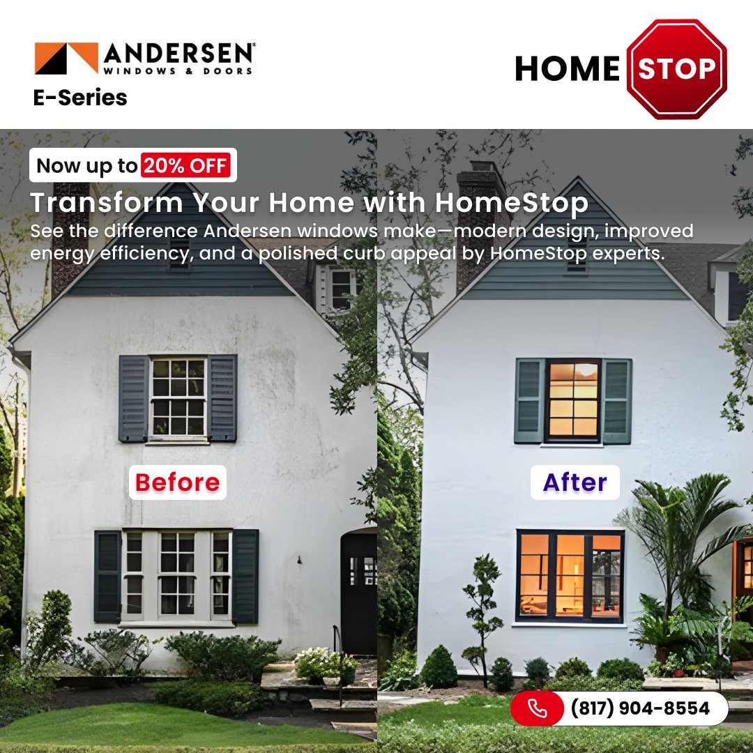 HomeStopInc's tweet image. From dated to dazzling! ✨ Andersen windows replacement by HomeStop transforms your home’s look and feel. 🏡

📞 Call (817) 904-8554 to get up to 20% OFF + Free installation.

#AndersenWindows #WindowInstallNearMe #AndersenESeries #WindowReplacementDFW #WindowInstallationDfw