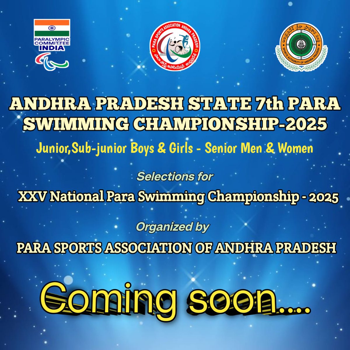 ParaAndhra's tweet image. 🏊‍♂️🔥 get Ready! Andhra Pradesh  
The 7th State Para Swimming Championship – 2025 is Coming Soon!

✨Categories: Junior, Sub-Junior, Senior (Men &amp;amp; Women)
✨Selections for XXV National Para Swimming Championship – 2025

#ParaSports #AndhraPradesh #InspirationInMotion #Championship