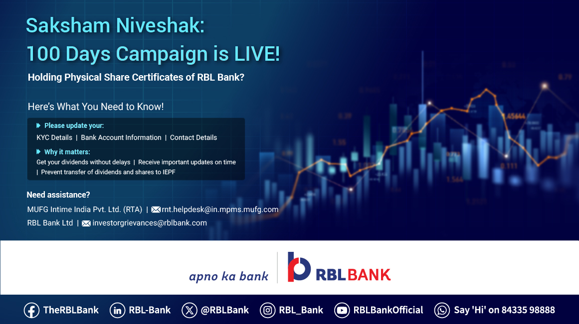 Be a Saksham Niveshak – Stay Informed, Stay Empowered

The Investor Education and Protection Fund Authority (IEPFA) has launched a 100-day nationwide campaign, ‘Saksham Niveshak’, to boost investor awareness from 28th July to 6th November 2025.
Keep your information up to date.