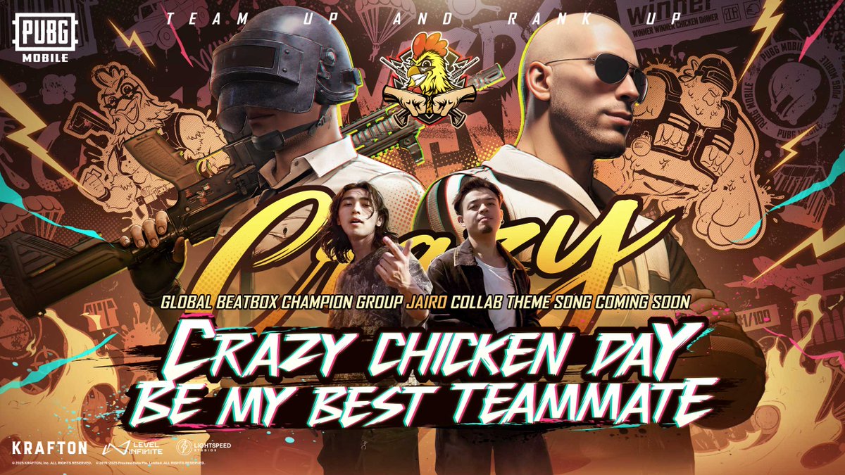 PUBGMOBILE's tweet image. 🚨 Team up with friends on Crazy Chicken Day! Exclusive benefits await those who team up. 🚨
We’ll release the Crazy Chicken Day theme song soon, featuring Beatbox Champion Jairo! 🎤 Crazy Chicken Day, be my best teammate.
⬇️Starting times vary per region, please see the…