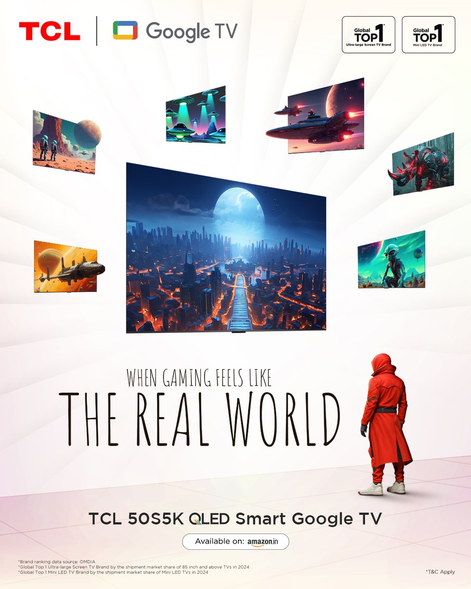 tcl_india's tweet photo. 🎮 Step into worlds that don’t just play, they feel real. With TCL 50S5K QLED Smart Google TV, every battle, quest, and adventure comes alive in stunning detail. 🚀👾
50S5K: https://t.co/bH86rffNhC
#TCLIndia #TCL50S5K #QLEDTV #2025model #NewRelease #MasterTheMoment https://t.co/aNk8eBJIWM