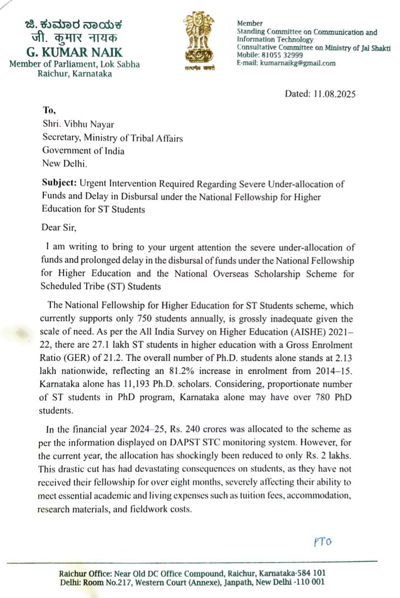 Last month, I wrote to the Secretary of the Union Ministry of <a href="/TribalAffairsIn/">Ministry of Tribal Affairs, Govt. of India</a>  highlighting the alarming issue of severe under-allocation and delays in the disbursal of funds under the National Fellowship for Higher Education and National Overseas Scholarship for ST students.