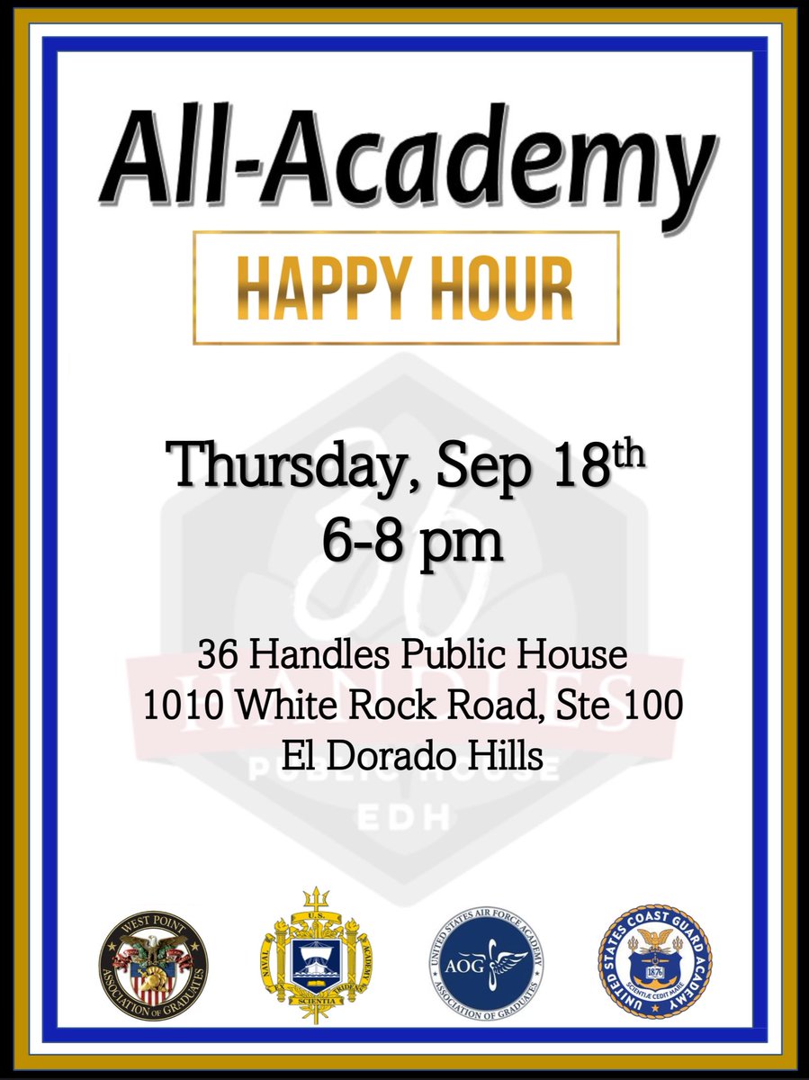 The Sep All-Academy Happy Hour is Thursday, Sep 18th at <a href="/36HandlesPub/">36Handles</a> in El Dorado Hills.  This classic Irish pub features a menu w/ amazing light &amp; healthy selections as well as the old standby classics like fish &amp; chips. There’s something for everyone w/ 36 beers on tap