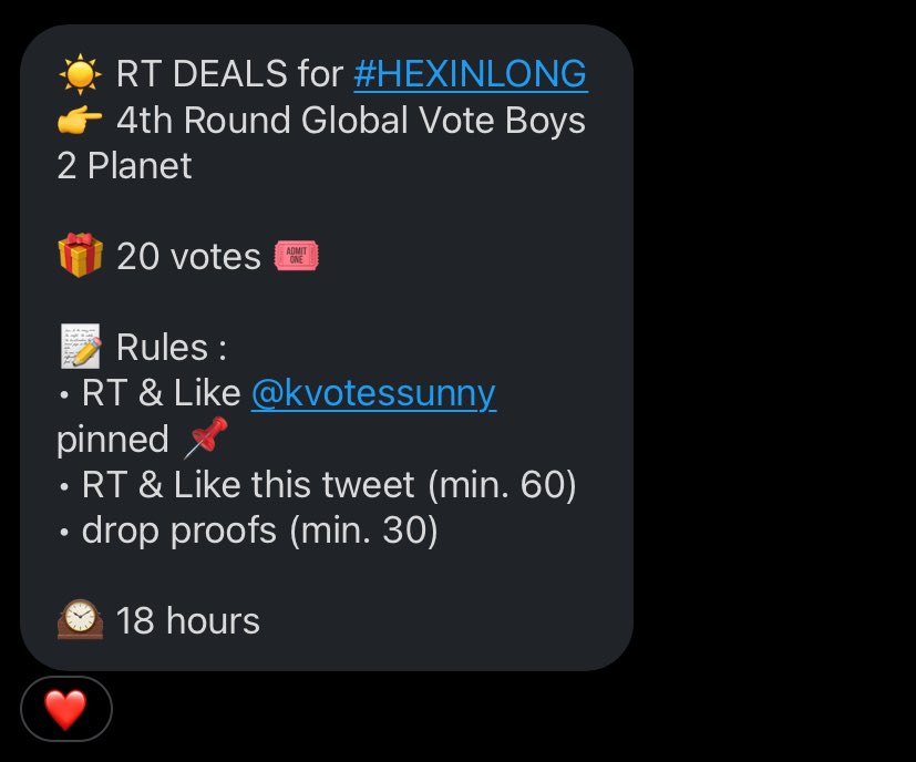 ☀ RT DEALS for #HEXINLONG
👉 4th Round Global Vote Boys 2 Planet

🎁 20 votes 🎟

📝 Rules : 
• RT &amp; Like <a href="/kvotessunny/">✸</a> pinned 📌
• RT &amp; Like this tweet (min. 60)
• drop proofs (min. 30)

🕰 18 hours
