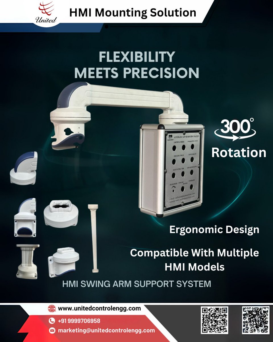 UCEIPL's tweet image. ⚙️ Flexibility Meets Precision!
Our HMI Swing Arm Support System offers 300° rotation, ergonomic positioning, &amp;amp; compatibility with multiple HMI models.
👉 Upgrade your control setup today: unitedcontrolengg.com

#UnitedControl #HMI #Automation #SmartEngineering