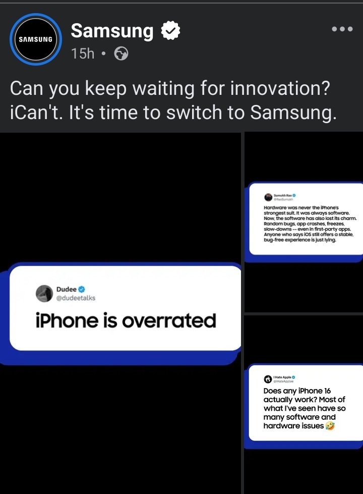 sievora's tweet image. iPhone 17 dropped. So did expectations. 📉

&quot;Can you keep waiting for iNNOVATION? *iCan’t.
It’s time to switch to something smarter &quot;— Samsung.  😂😂

#iCant #SamsungGalaxy #TechRoast
