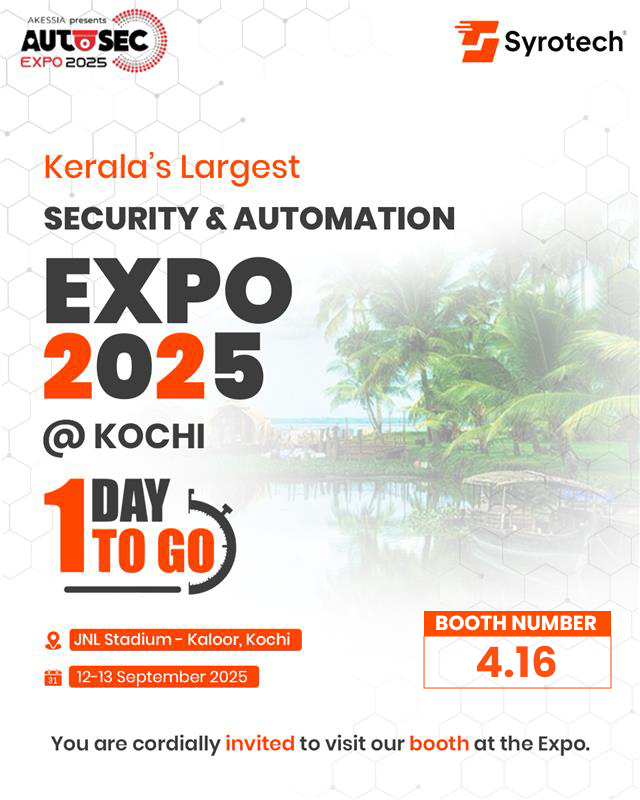 Syrotech's tweet image. 📢 Just 1 day to go!
Syrotech is all set to showcase next-gen solutions as Kerala’s largest Security &amp;amp; Automation Expo kicks off in Kochi.
📍 JNL Stadium, Kaloor | 📅 12–13 September 2025
📌 Booth No. 4.16

#Syrotech #autosec2025 #AutomationExpo2025 #SmartTechnology #SafetyFirst