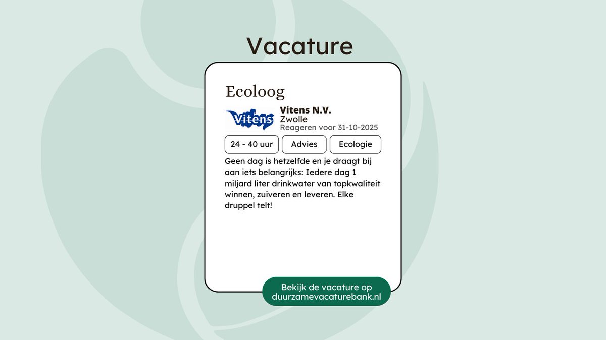 Voor ons team Asset Management zijn wij in de regio Zwolle op zoek naar een nieuwe collega. In de rol van ecoloog ben je nauw betrokken bij de zoektocht naar nieuwe winvergunningen, met name in Friesland-Overijssel.

Meer weten? 👉 duurzamevacaturebank.nl/vacature/ecolo…

#vacature