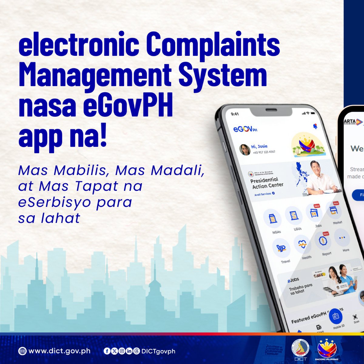 DICTgovph's tweet image. GOOD NEWS: electronic Complaints Management System (eCMS) nasa eGovPH app na!  

Basahin ang buong post rito: facebook.com/share/p/16A3L3…

#DICT #ARTA #eGovPHApp #eCMS #DigitalBayanihan #BagongPilipinas