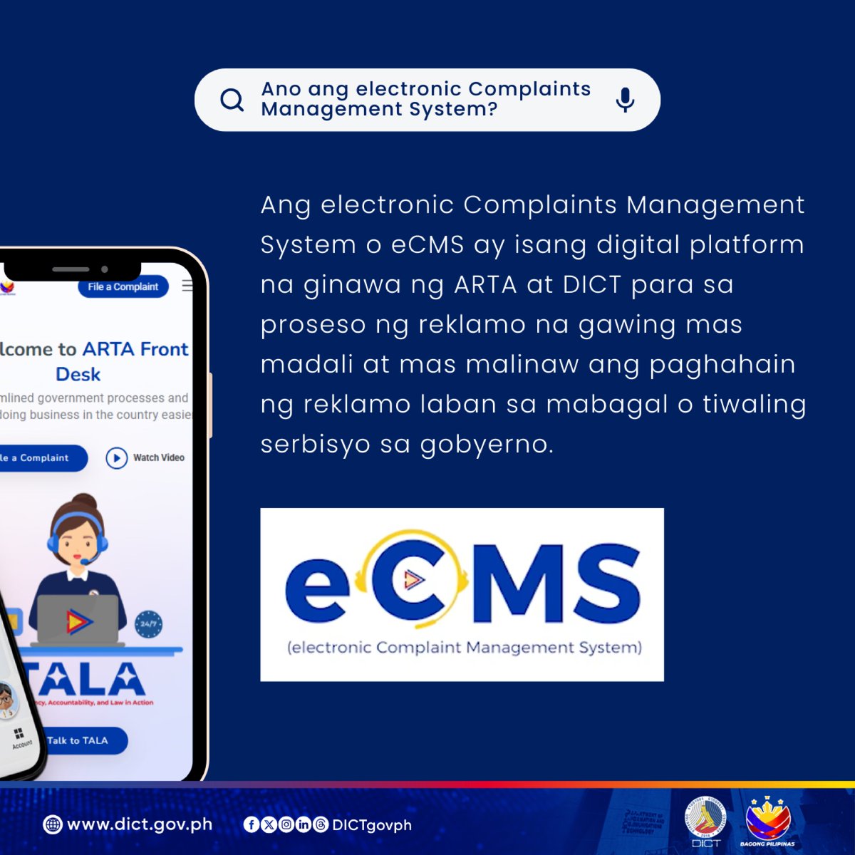 DICTgovph's tweet image. GOOD NEWS: electronic Complaints Management System (eCMS) nasa eGovPH app na!  

Basahin ang buong post rito: facebook.com/share/p/16A3L3…

#DICT #ARTA #eGovPHApp #eCMS #DigitalBayanihan #BagongPilipinas