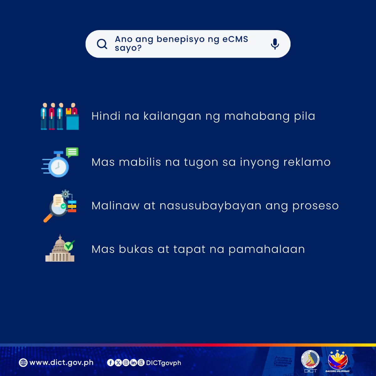 DICTgovph's tweet image. GOOD NEWS: electronic Complaints Management System (eCMS) nasa eGovPH app na!  

Basahin ang buong post rito: facebook.com/share/p/16A3L3…

#DICT #ARTA #eGovPHApp #eCMS #DigitalBayanihan #BagongPilipinas