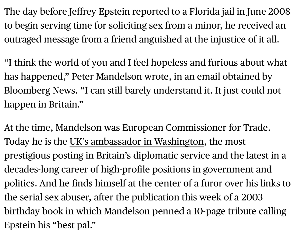 “I think the world of you &amp; I feel hopeless and furious about what has happened,” Peter Mandelson wrote, in an email obtained by Bloomberg News. “I can still barely understand it. It just could not happen in Britain.” #Mandelson to #Epstein on conviction!

bloomberg.com/features/2025-…