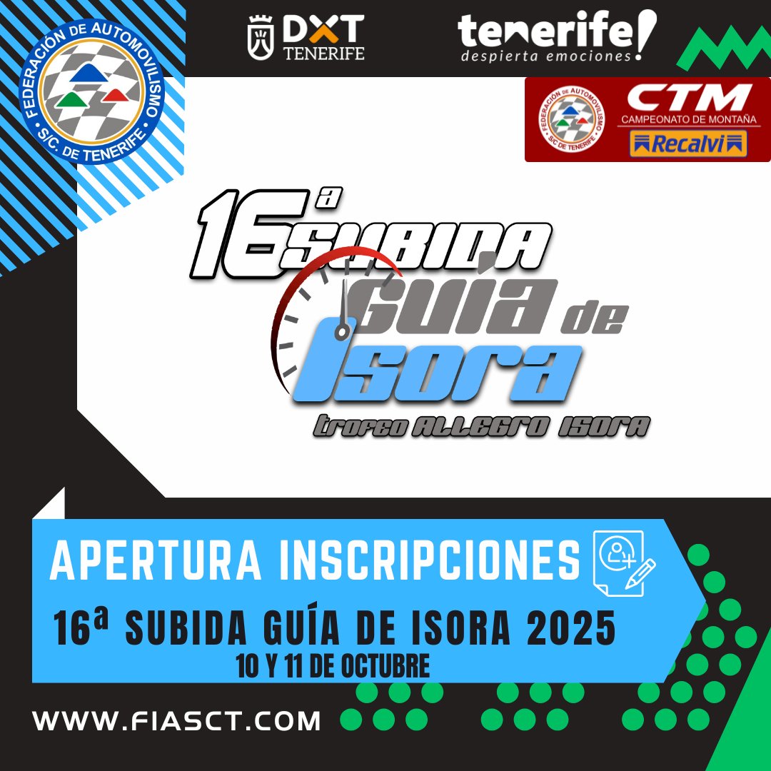 🚨Inscripciones Abiertas✍️
🏁 16ª #SubidaGuíadeIsora 2025 (10 y 11 de octubre)
✍ Inscríbete aquí bit.ly/Inscrip_FIASCT
👉 isoramotorsport.com
#CTM_RECALVI #TenerifeDespiertaEmociones #EXPODECA2025
<a href="/DXTenerife/">Deportes Tenerife</a> <a href="/VisitTenerifeES/">VisitTenerifeES</a> <a href="/CabildoTenerife/">Cabildo de Tenerife</a>  <a href="/GrupoRecalvi/">Grupo Recalvi</a> <a href="/IdecoGestion/">Ideco Gestión</a>