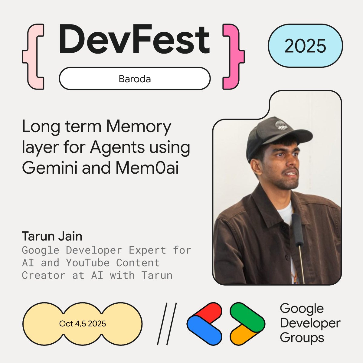 📢 WORKSHOP ALERT! 📢 Dive deep into AI Agents with <a href="/TRJ_0751/">Tarun Jain</a> , Google Developer expert for AI, at #DevFestBaroda 2025!

Join us Oct 4th for his workshop: "Long term Memory layer for Agents using Gemini and Mem0ai." Learn to build persistent memory for smarter LLMs!