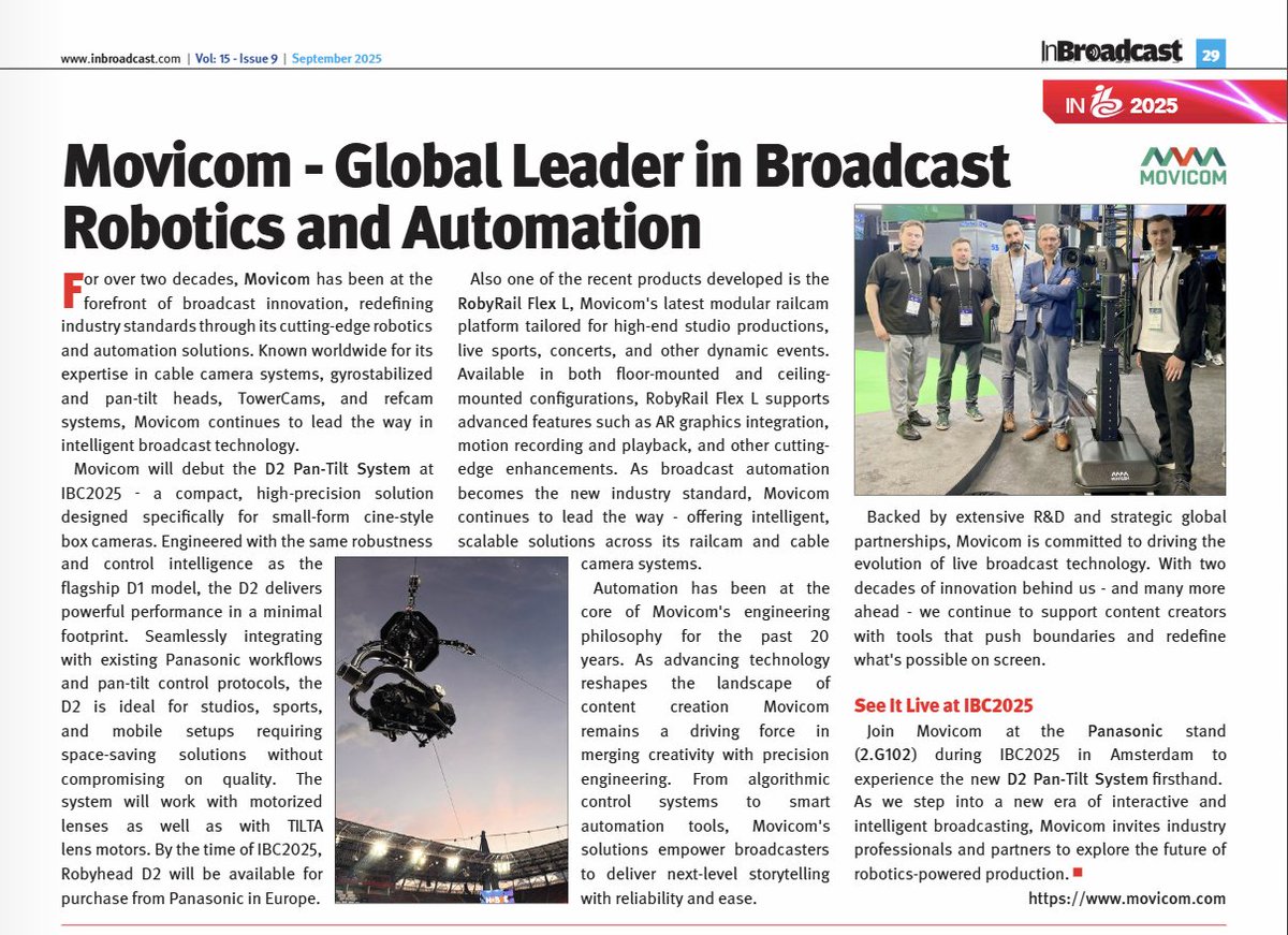 movicomtv's tweet photo. Movicom was featured in September 2025 issue by InBroadcast ahead of the IBC - International Broadcasting Convention Click to view the full page: https://t.co/M4Xt0hwDkz 

#Movicom #InBroadcast #IBC #broadcast #live #issue #camera #cablesystem #cablecamera #IBC2025 #IBCSHOW https://t.co/FKqu7NG0iu