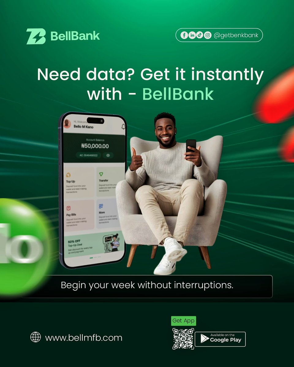 No data? No stress.
Top up instantly with BellBank and stay connected all week, no interruptions, no delays.

Start strong. Stay online.
📲 BellBank’s got you.

#BellBank #InstantTopUp #NoInterruptions #StayOnline #SmartPayments