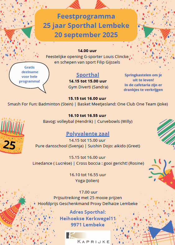 🎉 25 jaar sporthal Lembeke – vier mee op de #Speculoosfeesten!

Kom langs voor een extra les #aikido.

📅 Zaterdag 20 september 2025
🕑 14:15 – 15:00
📍 1e verdieping, Sporthal #Lembeke

Breng gerust vrienden, familie of buren mee – hoe meer zielen, hoe meer vreugd.